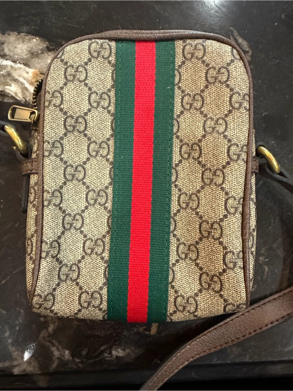 Gucci Beige Brown GG Supreme Crossbody with Green-Red Web - Picture 2 of 4